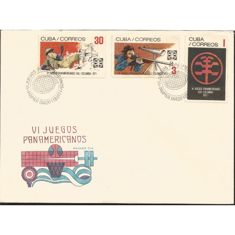 V) 1971 CARIBBEAN, 6TH PAN AMERICAN GAMES, CALI, COLOMBIA, BASEBALL, RIFLE SHOOTING, WITH SLOGAN CANCELATION IN BLACK, FDC