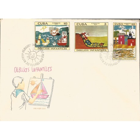 V) 1971 CARIBBEAN, CHILDREN’S DRAWINGS, RETURN OF THE FISHERMEN, THE LITTLE TRAIN, WITH SLOGAN CANCELATION IN BLACK, FDC