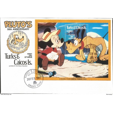 J) 1981 TURKS AND CAICOS ISLANDS, 50th ANNIVERSARY PLUTO'S, MICKEY MOUSE, A SCENE FROM SIMPLE THINGS, FDC