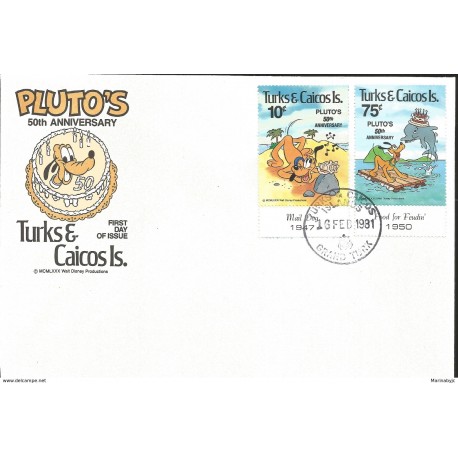 J) 1981 TURKS AND CAICOS ISLANDS, 50th ANNIVERSARY PLUTO'S, MICKEY MOUSE, MULTIPLE STAMPS, FDC