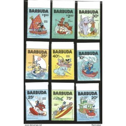 J) 1980 BARBUDA, DONALD DUCK, GOOFY, CHIP AND DALE, MICKEY MOUSE, MINNIE MOUSE, BOAT, SET OF 9, MNH 