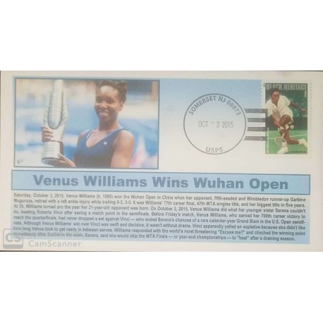 V) 2015 USA, VENUS WILLIAMS, WINS 2015 WUHAN OPEN IN CHINA, OVERPRINT IN BLACK, FDC