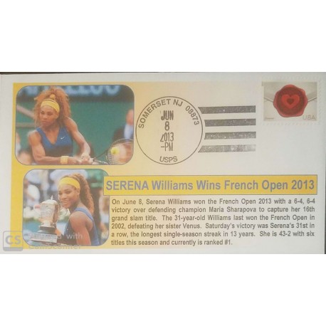 V) 2013 USA, SERENA WILLIAMS, WINS FRENCH OPEN 2013, TENNIS PLAYER, FOREVER STAMPS, BLACK CANCELLATION, OVERPRINT IN BLACK, FDC