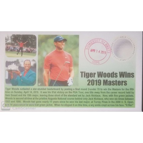 V) 2019 USA, TIGER WOODS WINS 2019 MASTERS, GOLF, FOREVER STAMPS, ODD SHAPE, RED CANCELLATION, FDC