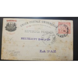 G)1903 PERU, COAT OF ARMS UN CENTAVO OVERPRINT, POSTAL STATIONARY CIRCULATED FROM CUSCO TO LA PAZ, BOLIVIA, F