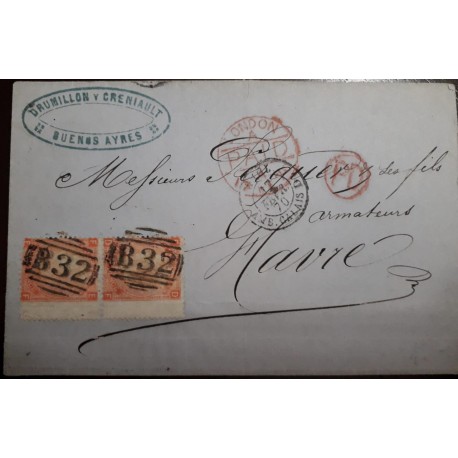 O) 1870 BRITISH OFFICE  B 32- BUENOS AYRES - DRUMILLONY CRENIAULT,  BUENOS AIRES, LONDON PAID. TO HAVRE - FRANCE, XF