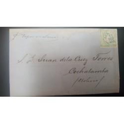 G)1870 PERU, COAT OF ARMS EMBOSSED INVERTED 1D, CIRCULATED COVER VIA VAPOR TACNA TO BOLIVIA, XF