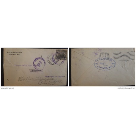 O) 1916 NICARAGUA, TRAVELLING POST OFFICES. LEON CATHEDRAL SG 406 3c on 6c OVERPRINTED, TIED BY CORINTO, TO CRISTOBAL