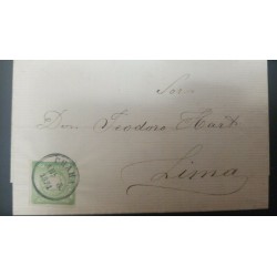 O) 1871 PERU, FROM CHALA CANCELLATION, COAT OR ARMS 1 dinero green SC 14, E.L. TO LIMA, SCARSE