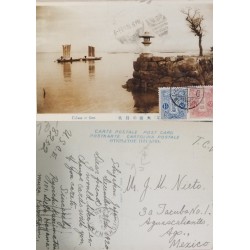 J) 1913 JAPAN, LAKE, POSTCARD, MULTIPLE STAMPS, AIRMAIL, CIRCULATED COVER, FROM JAPAN TO MEXICO
