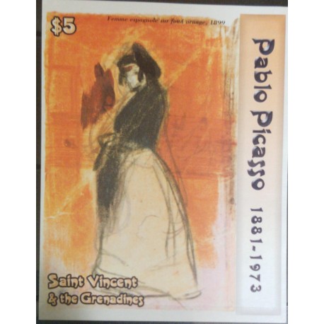 O) 2003 ST VINCENT AND GRENADINES, PABLO PICASSO -  SPANISH WOMAN AGAINST AND ORANGE BACKGROUND PAINTING, IMPERFORATE, MNH