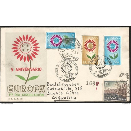 J) 1964 SPAIN, EUROPA CEPT, FLOWERS, V ANNIVERSARY CEPT, VIEW OF GERONA, MULTIPLE STAMPS, AIRMAIL, CIRCULATED
