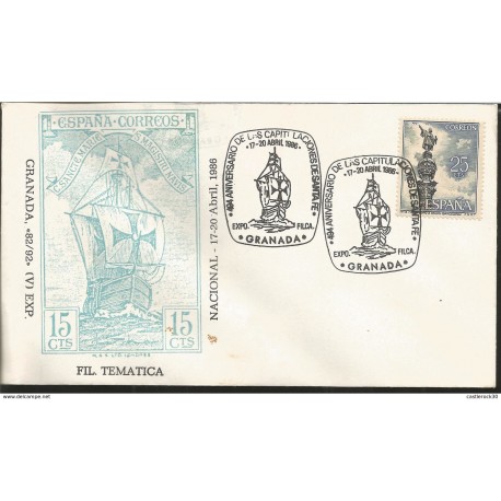 L) 1986 SPAIN, MONUMENT TO COLUMBUS, STATUE, 25CTS, BOAT, SHIP, 15CTS, 494 ANNIVERSARY OF THE CAPITULATIONS OF SANTA FE, FDC