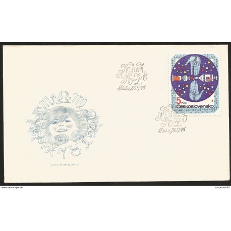 J) 1975 CZECHOSLOVAKIA, ROCKET AND HANDS, MOON WITH ZODIACAL SIGNS, FDC