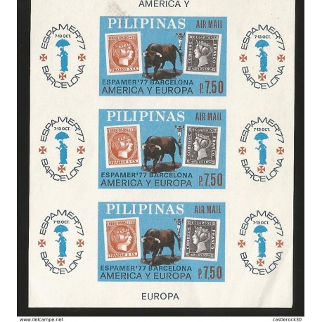J) 1977 PHILIPPINES, IMPERFORATED, ESPAMER 77 BARCELONA AMERICA AND EUROPE, BULL, STAMP ON STAMP, MNH