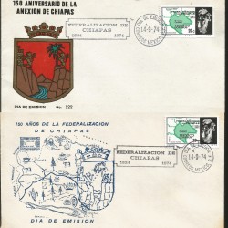 J) 1974 MEXICO, 150th ANNIVERSARY OF THE FEDERALIZATION OF CHIAPAS, MAP, SET OF 2 FDC