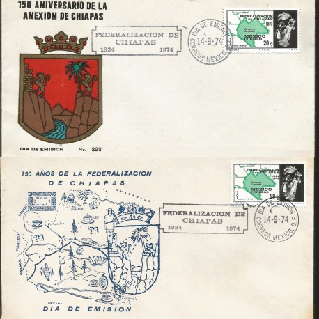 J) 1974 MEXICO, 150th ANNIVERSARY OF THE FEDERALIZATION OF CHIAPAS, MAP, SET OF 2 FDC