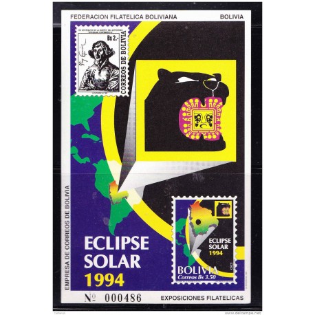 RO) 1994 BOLIVIA, SOLAR ECLIPSE - ASTRONOMY -  POLISH ASTRONOMER NICOLAS COPERNICO, SOUVENIR MNH