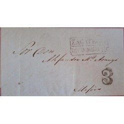 J) 1854 MEXICO, BACK BOX CANCELLATION, 3 REALES, COMPLETE LETTER, CIRCULATED COVER, FROM ZACATECAS TO MEXICO