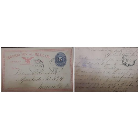 O) 1888 MEXICO, NUMERAL OF VALUE 5c blue, FROM CUERNAVACA, POSTAL STATIONERY, XF