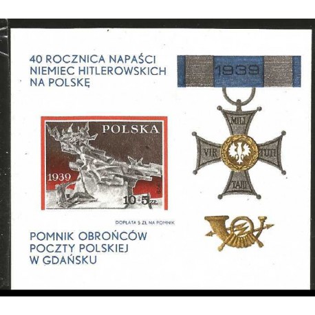 I) 1979 POLAND, 40 ANNIVERSARY OF THE INVASION NAZI FROM GERMANY TO POLAND, MEDAL 1939 , IMPERFORATED, SOUVENIR SHEET, MN