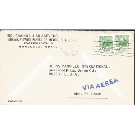 J) 1975 MEXICO, MICHOACAN, DANCE OF THE MOROS, PAIR, AIRMAIL, CIRCULATED COVER, FROM COAHUILA TO USA