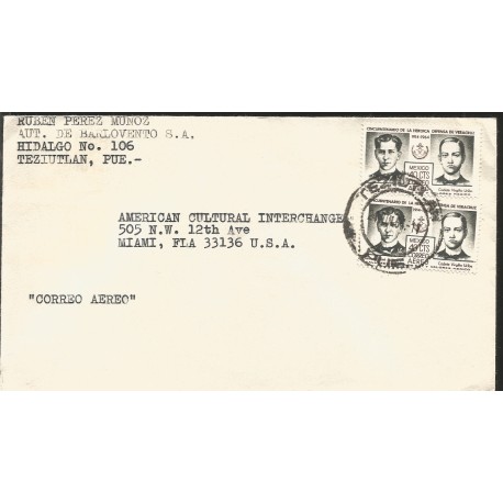 J) 1964 MEXICO, FIFTY-FIRST HEROIC DEFENSE OF VERACRUZ, MULTIPLE STAMPS, AIRMAIL, CIRCULATED COVER, FROM PUEBLA TO USA