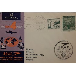 J) 1960 CHILE, AIRPLANE, MAP, FIRST FLIGHT BETWEEN LONDON AND SANTIAGO, CIRCULATED COVER FROM CHILE TO URUGUAY