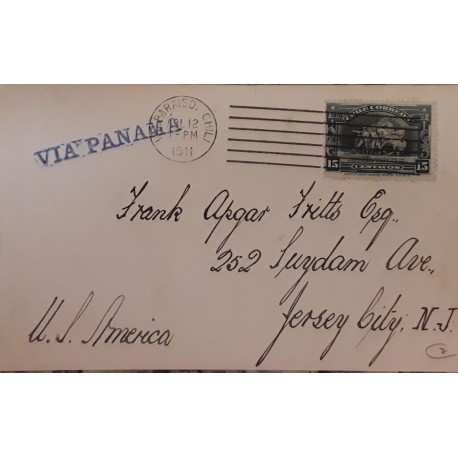 J) 1911 CHILE, HORSE AND RIDER, AIRMAIL, CIRCULATED COVER, FROM CHILE TO NEW JERSEY VIA PANAMA