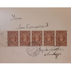 J) 1914 CHILE, BLOCK OF 5 FISCALES, CIRCULATED COVER, FROM CHILE TO SANTIAGO