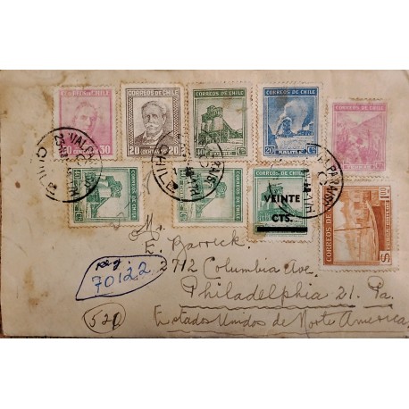 J) 1940 CHILE, FISHING IN CHILOE, JOSE JOAQUIN PEREZ, MULTIPLE STAMPS, WITH OVERPRINT IN BACK, AIRMAIL