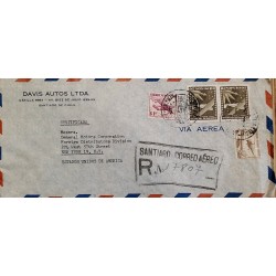 J) 1957 CHILE, AIRPLANE, BRIDGE, REGISTERED AND CERTIFICATED, MULTIPLE STAMPS, AIRMAIL, CIRCULATED COVER