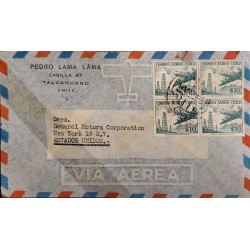 J) 1957 CHILE, TOWER AND AIRPLANE, BLOCK OF 4, MULTIPLE STAMPS, AIRMAIL, CIRCULATED COVER, FROM CHILE TO NEW YORK