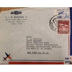 J) 1957 CHILE, AIRPLANE, CHEVROLET, MULTIPLE STAMPS, AIRMAIL, CIRCULATED COVER, FROM CHILE TO NEW YORK