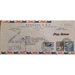 J) 1955 CHILE, AIRPLANE, CARS CHEVROLET, REGISTERED AND CERTIFICATED, MULTIPLE STAMPS, AIRMAIL, CIRCULATED COVER