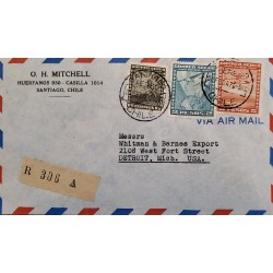 J) 1957 CHILE, AIRPLANE, REGISTERED AND CERTIFICATED, MULTIPLE STAMPS, AIRMAIL, CIRCULATED COVER, FROM SANTIAGO TO USA