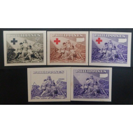 J) 1955 PHILIPPINES, FIFTY YEARS OF RED CROSS SERVICE, 1905-1955, SET OF 5,DIEPROOF CARDBOARDS
