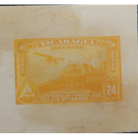 J) 1937 NICARAGUA, PRESIDENTIAL PALACE, WORK AND ORDER, 20 CENTS YELLOW, AMERICAN BANK NOTE, DIE PROOF, IMPERFORATED