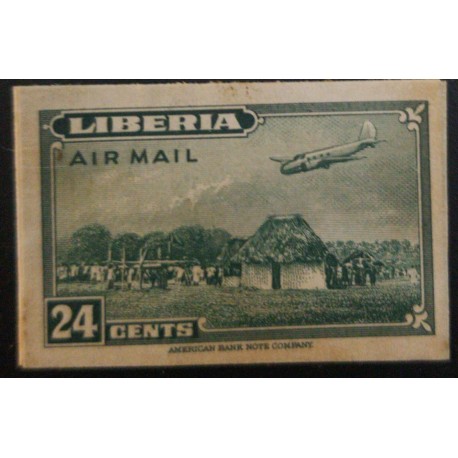 J) 1944 LIBERIA, AMERICAN BANK NOTE, DIE PROOF, IMPERFORATED, PLANE OVER HOUSE, 24 CENTS GREEN
