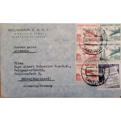 J) 1959 CHILE, AIRPLANE, RAILWAY, MULTIPLE STAMPS, AIRMAIL, CIRCULATED COVER, FROM SANTIAGO TO GERMANY