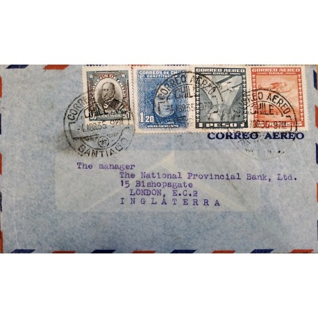 J) 1935 CHILE, AIRPLANE, JOAQUIN TORCONAL, MULTIPLE STAMPS, AIRMAIL, CIRCULATED COVER, FROM SANTIAGO TO ENGLAND