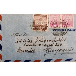 J) 1957 CHILE, AIRPLANE, JOSE JOAQUIN PEREZ, MULTIPLE STAMPS, AIRMAIL, CIRCULATED COVER, FROM SANTIAGO TO GUAYAQUIL