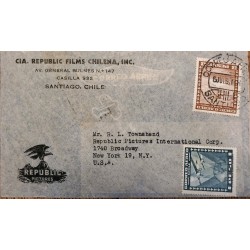 J) 1956 CHILE, AIRPLANE, EAGLE, MULTIPLE STAMPS, AIRMAIL, CIRCULATED COVER, FROM SANTIAGO TO NEW YORK