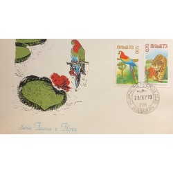A) 1973, BRAZIL, FAUNA AND FLORA, SCARLET GUACAMAYO BIRD PALMA DE CAMAUBA, 1.00 FELINE IN NATURE, 0.70