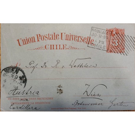 J) 1877 CHILE, NUMERAL 3 CENTS, ORANGE, COLON, CIRCULATED COVER, FROM CHILE TO AUSTRIA, VIA CORDILLERA