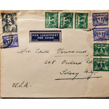 I) 1945 NEDERLAND, GULL, MULTIPLES STAMPS, AIR MAIL, CIRCULATED COVER FROM NEDERLANDS TO SOLVAY , USA, BLACK CANCELLATION