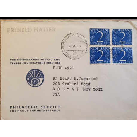 I) 1956 NEDERLAND, SET OF 4, ULTRA STAMP, CIRCULATED COVER FROM NEDERLAND TO SOLVAY NEW YORK, BLACK CANCELLATION