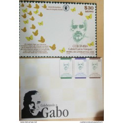 L) 1982 COLOMBIA, GABRIEL GARCÍA MARQUEZ, NOBEL LITERATURE AWARD, WRITER, 25C, PURPLE, 7C, GREEN