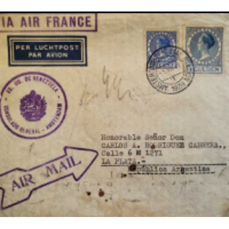 I) 1929 NEDRLAND, QUEEN WILHELMINA, AIR MAIL, CIRCULATED COVER FROM NEDERLAND TO LA PLATA, ARGENTINA, BLACK CANCELLATION