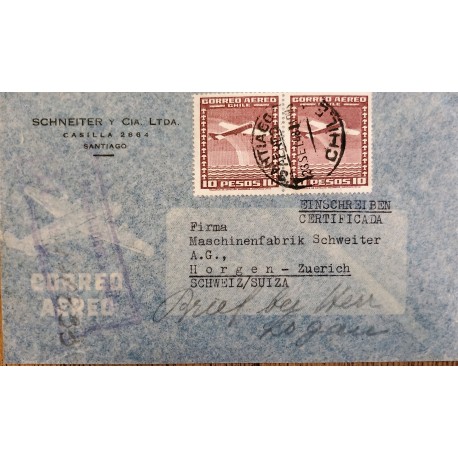J) 1956 CHILE, AIRPLANE, PAIR, CERTIFICATED AND REGISTERED, AIRMAIL, CIRCULATED COVER, FROM SANTIAGO TO SWITZERLAND